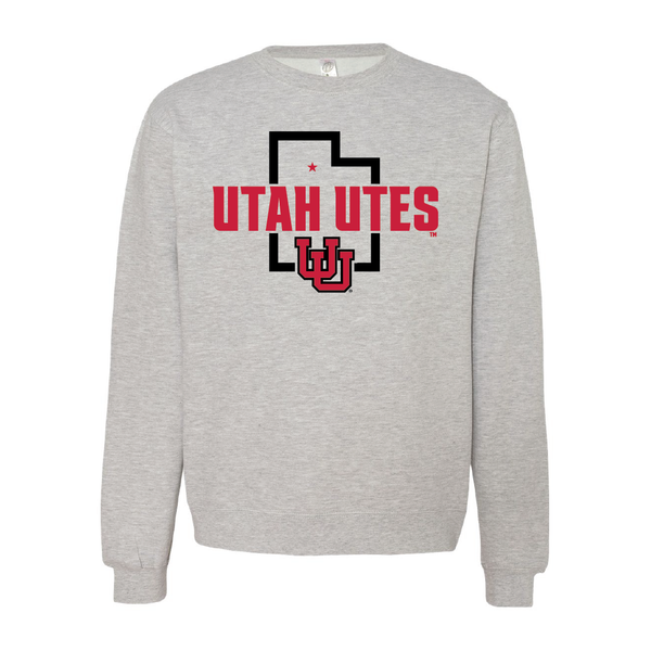 Utah Utes - State Outline - Interlocking UUEmbroidered Crew Neck Sweatshirt