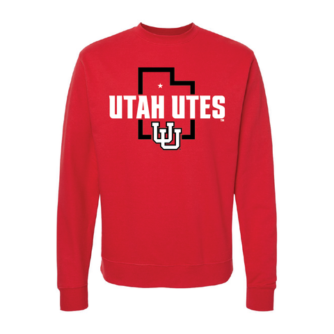 Utah Utes - State Outline - Interlocking UUEmbroidered Crew Neck Sweatshirt