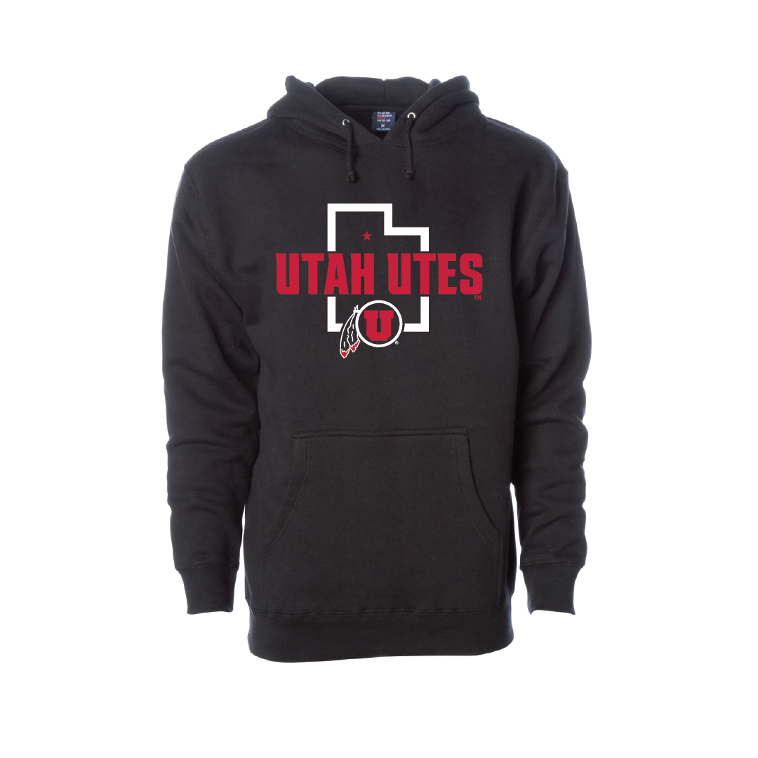 Utah Utes - State Outline - Circle and Feather  Embroidered Hoodie