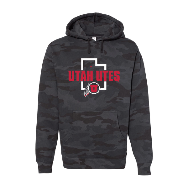Utah Utes - State Outline - Circle and Feather  Embroidered Hoodie