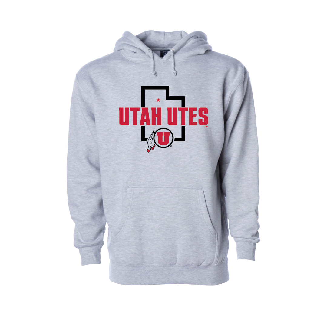 Utah Utes - State Outline - Circle and Feather  Embroidered Hoodie