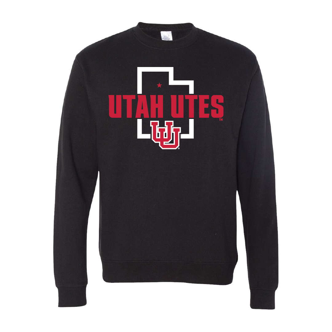 Utah Utes - State Outline - Interlocking UUEmbroidered Crew Neck Sweatshirt